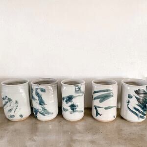 Set of 5 hand thrown abstract‎ clay mugs